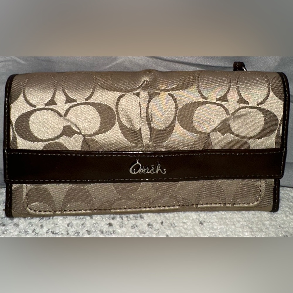 Coach Tan and Brown Wristlet with Elegant Pattern